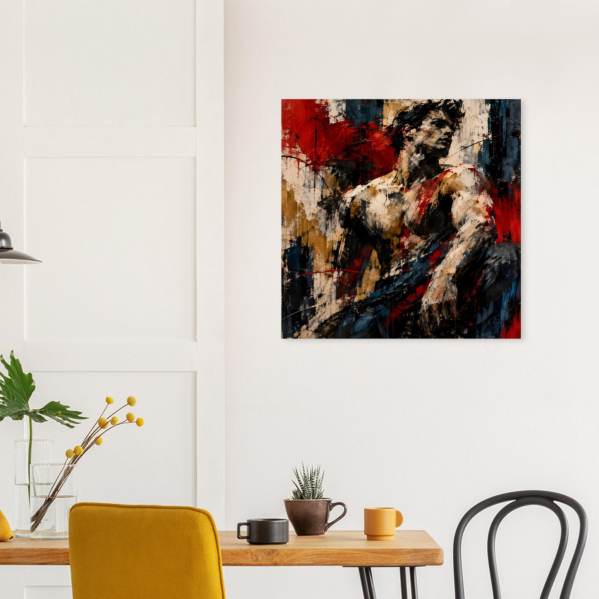 Abstraktes Wandposter mit roten, schwarzen und beigen Farbflecken im Figurendesign