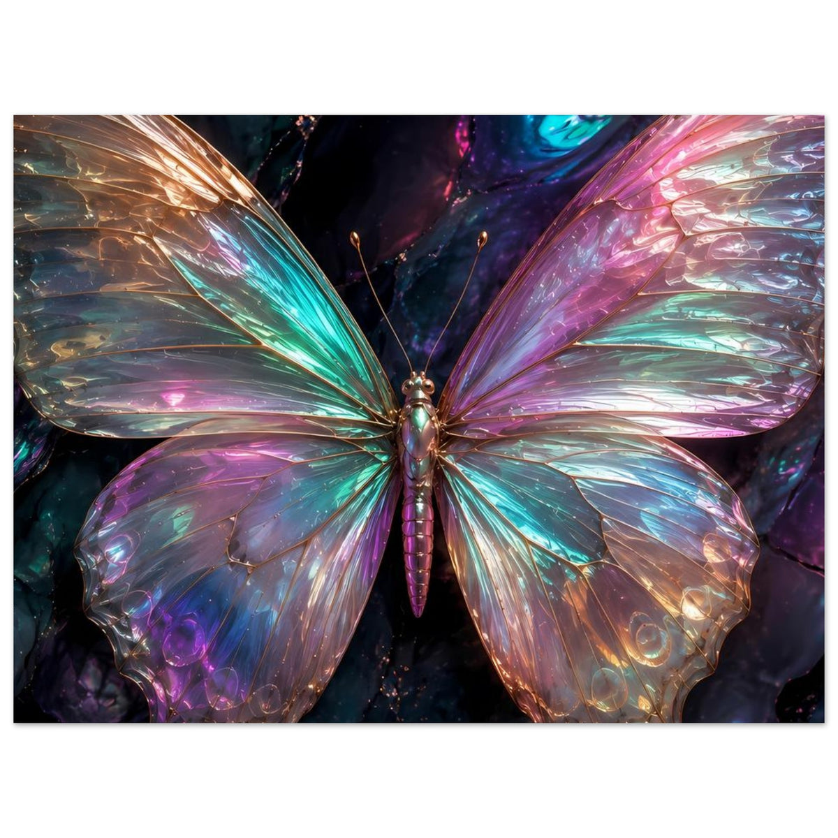 Schmetterlingsposter mit großem Schmetterling und schimmernden, farbigen Flügeln