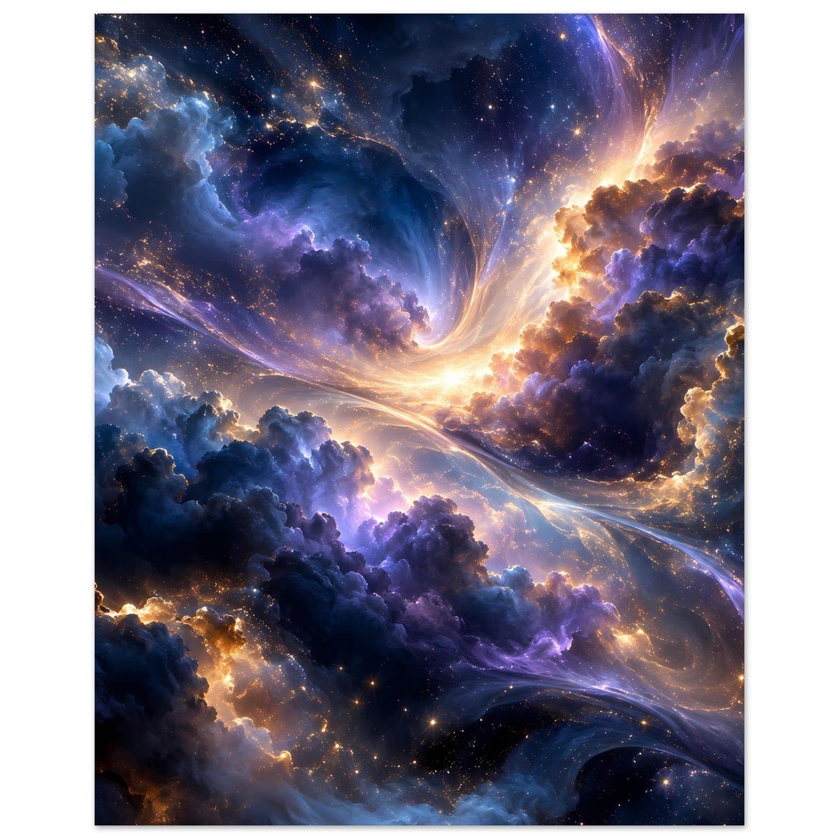 Hochkant-Galaxieposter auf Premium-Mattpapier: leuchtender Nebel und Sternenhimmel über Wolken