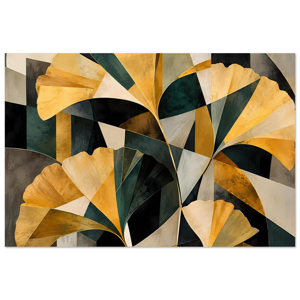 Horizontales Blumenposter mit gold-, grün- und schwarzfarbenen abstrakten Blütenformen, gerahmt