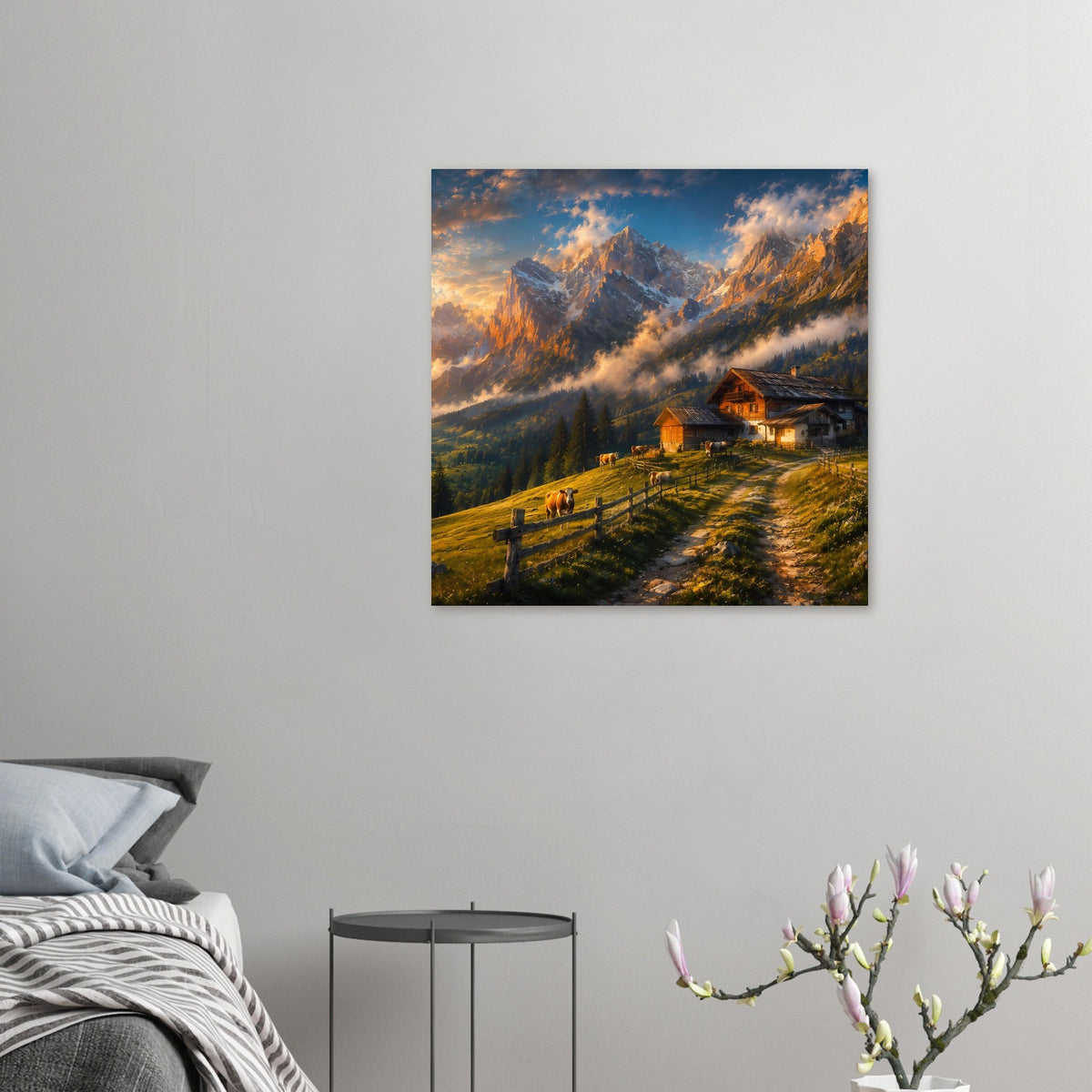 Kleines Poster mit Almhütte, Kühen auf der Weide und hohen Alpen im Abendhimmel