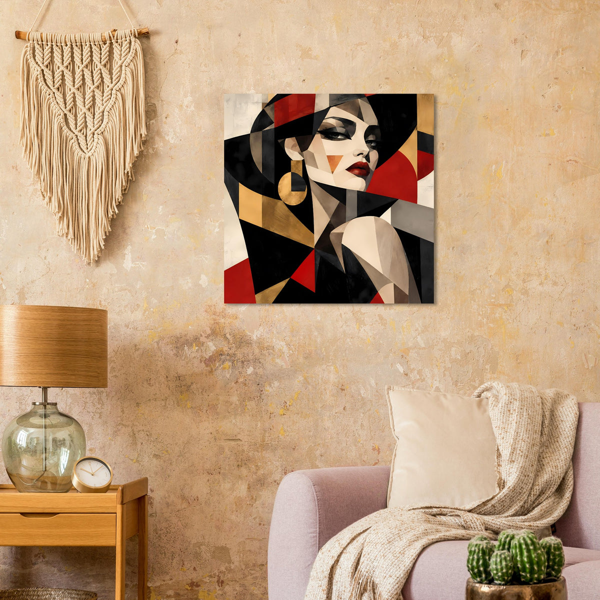 Quadratisches Leinwandbild: abstraktes Frauenporträt mit geometrischen Formen in Rot/Schwarz/Gold