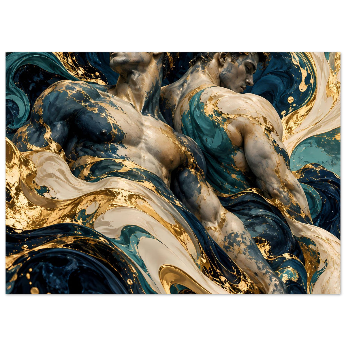 Kunstposter mit großen Marmorwellen in Blau, Creme und Gold, horizontal