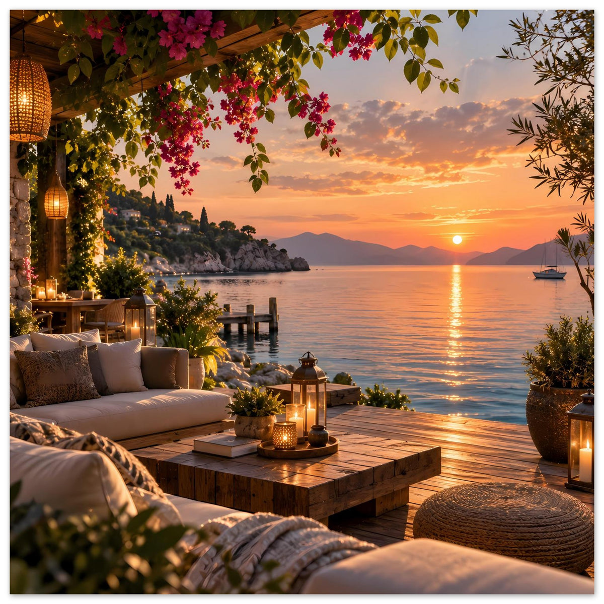 Küsten-Terrassenposter im Sonnenuntergang mit Sitzbank, Holztisch, Laternen und Bougainvillea