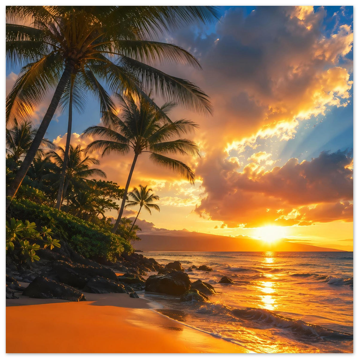 Strandposter: Palmen am tropischen Strand bei goldenem Sonnenuntergang, rechteckig