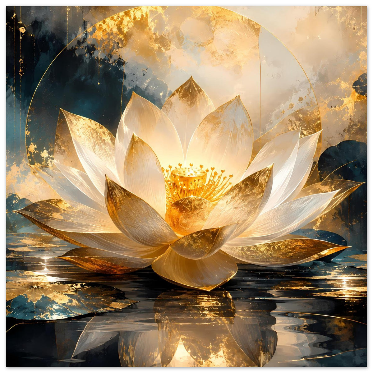 Kunstposter mit goldener Lotusblüte in Weißtönen und spiegelndem Wasser
