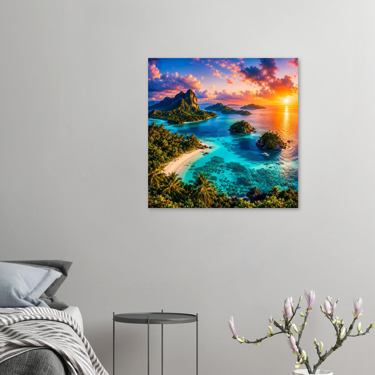 Kleines Poster: tropische Inselwelt mit türkisblauer Lagune und Sonnenuntergang