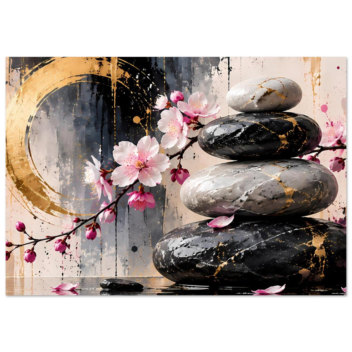 Wandposter mit Kirschblüten, goldenen Akzenten und reflektierender Steinoptik unten