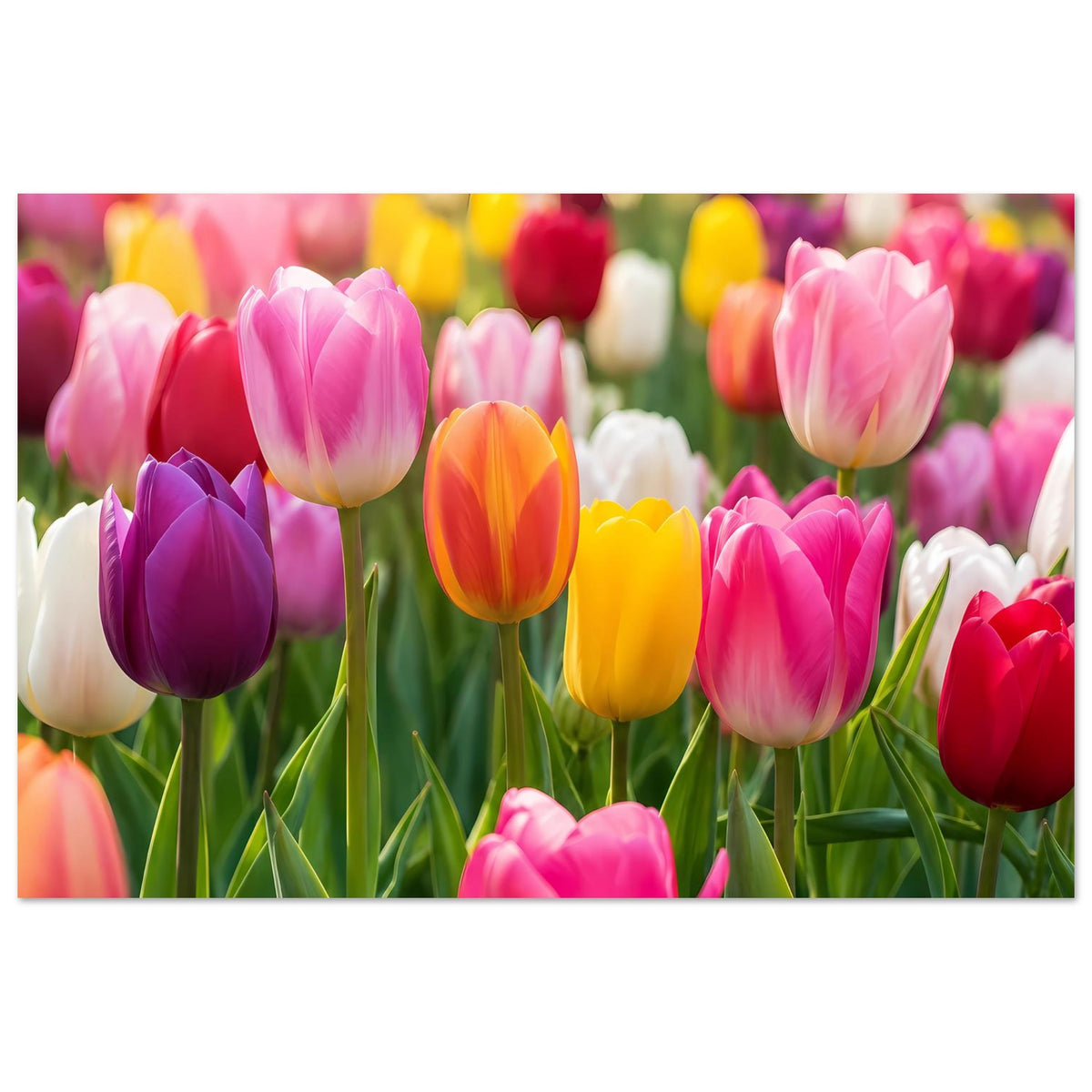 Tulpen-Gartenposter mit rosa, roten und gelben Tulpen, querformatig gerahmt