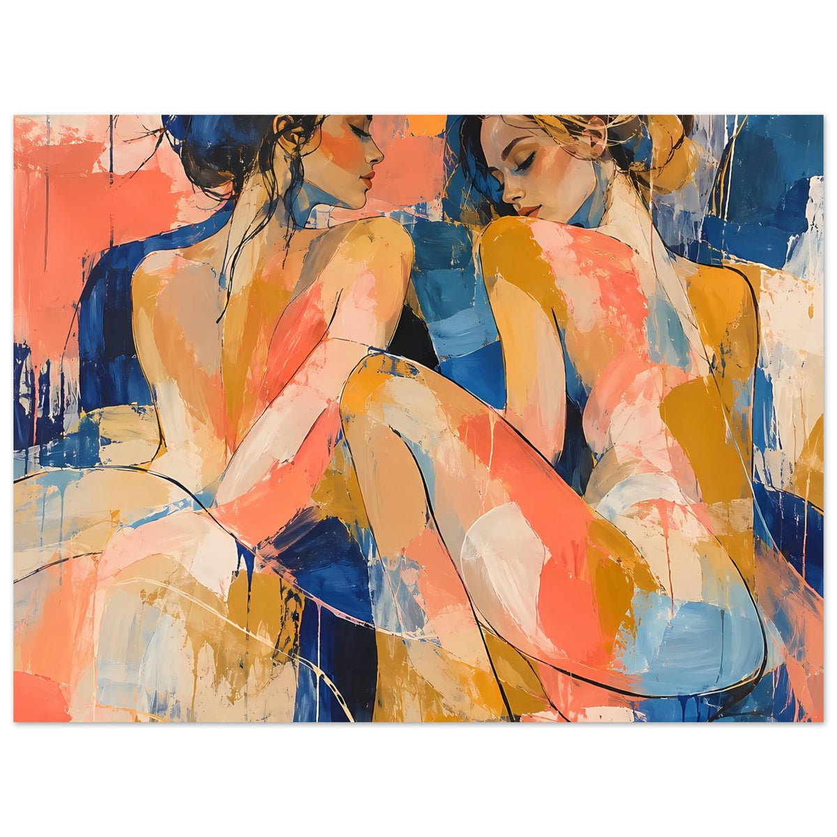 Kunstposter im Querformat mit abstrakten weiblichen Figuren in Blau- und Koralltönen