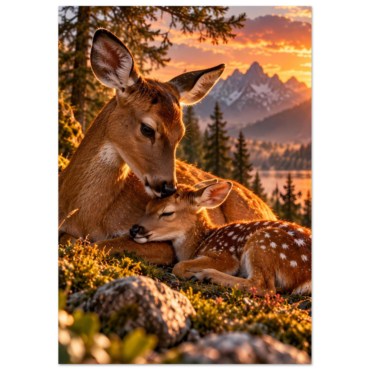 Hochformat-Poster mit Reh und Rehkitz im warmen Sonnenuntergang, Landschaftsmotiv