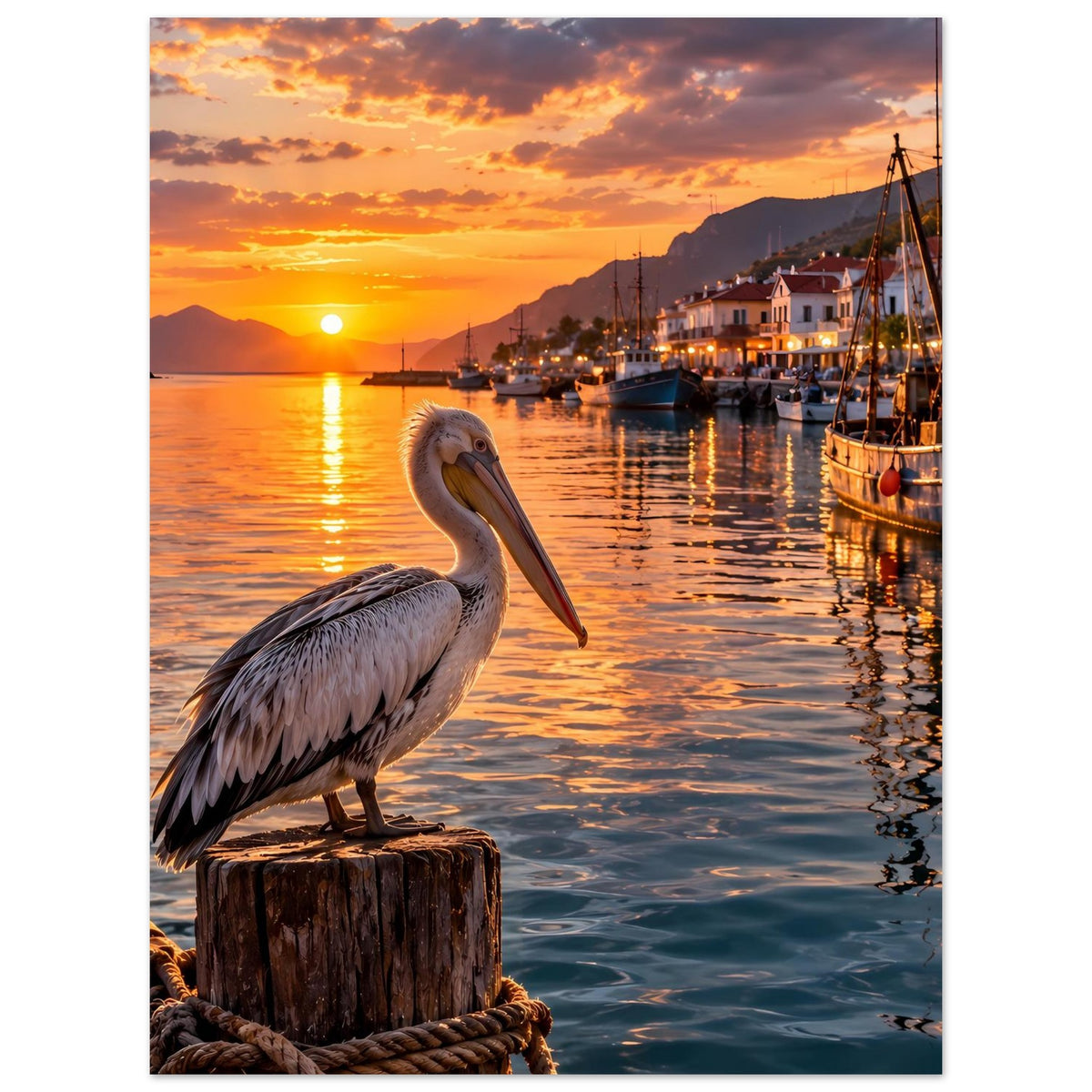 Kunstposter mit Pelikan auf Holzpfahl im Sonnenuntergangshafen, goldene Spiegelungen im Wasser