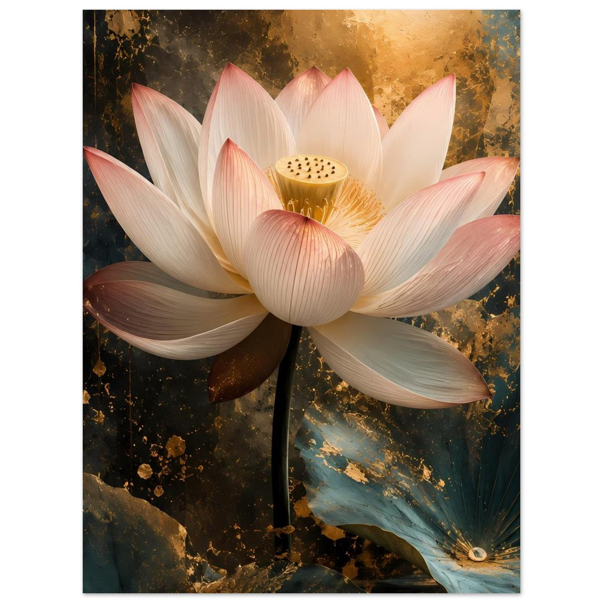 Poster mit Lotusblüte, weißen und rosafarbenen Blütenblättern sowie goldener Staubblüte