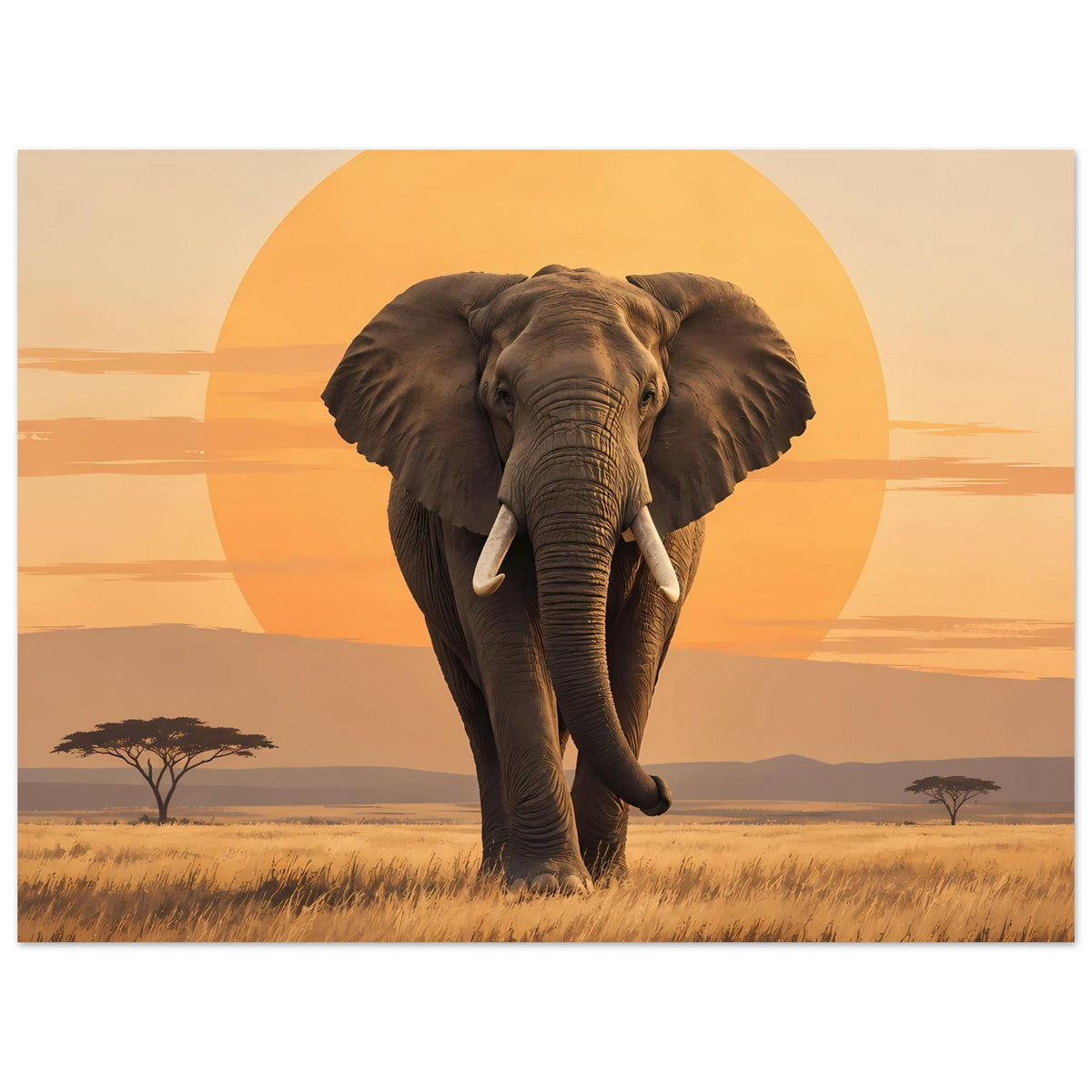 Hochformat-Poster mit Elefant vor orangefarbenem Sonnenkreis und fernen Hügeln