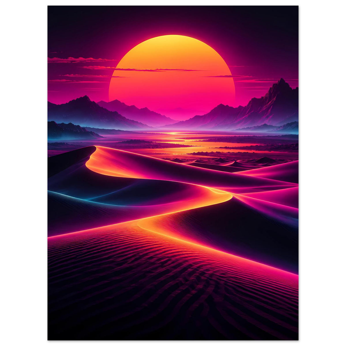 Neon-Desert-Sunset-Poster: leuchtender Sonnenuntergang, Neon-Lichtbahnen und Sandwellen