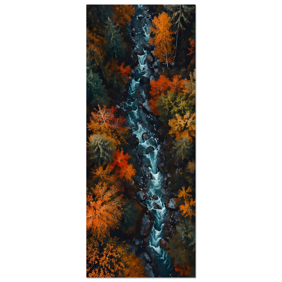 Herbstliches Flusswald-Poster (hochkant): blauer Bach durch orange und grüne Bäume