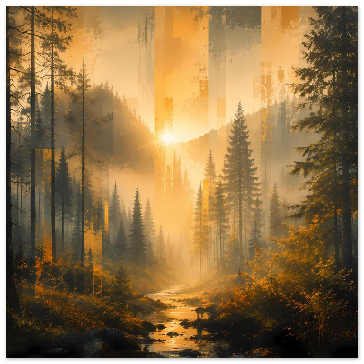 Wandposter: goldener Sonnenaufgang, verschlungener Fluss im Wald mit Tannen, rechteckig mit Rahmen