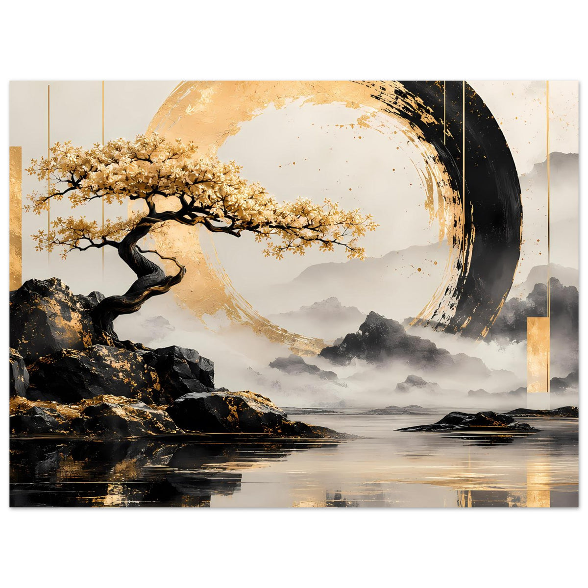 Horizontales Poster mit gold-schwarzem Kreisdesign, Baum, Felsen, Nebel und spiegelndem See