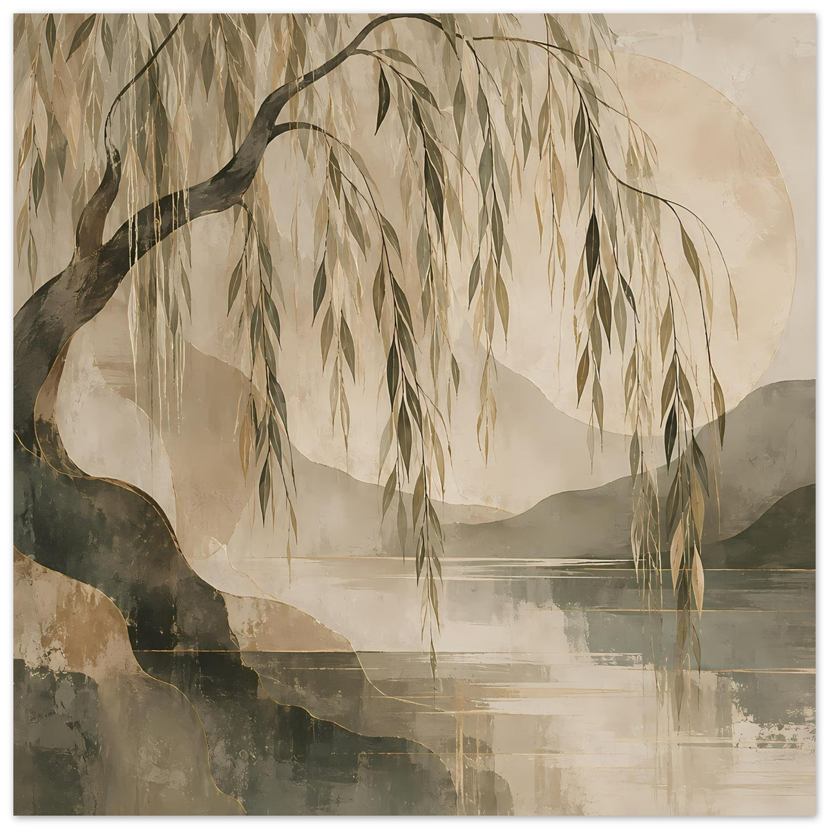 Artposter im Hochformat mit Weidenzweigen, dunklen Hügeln und hellen See-Linien in Erdtönen