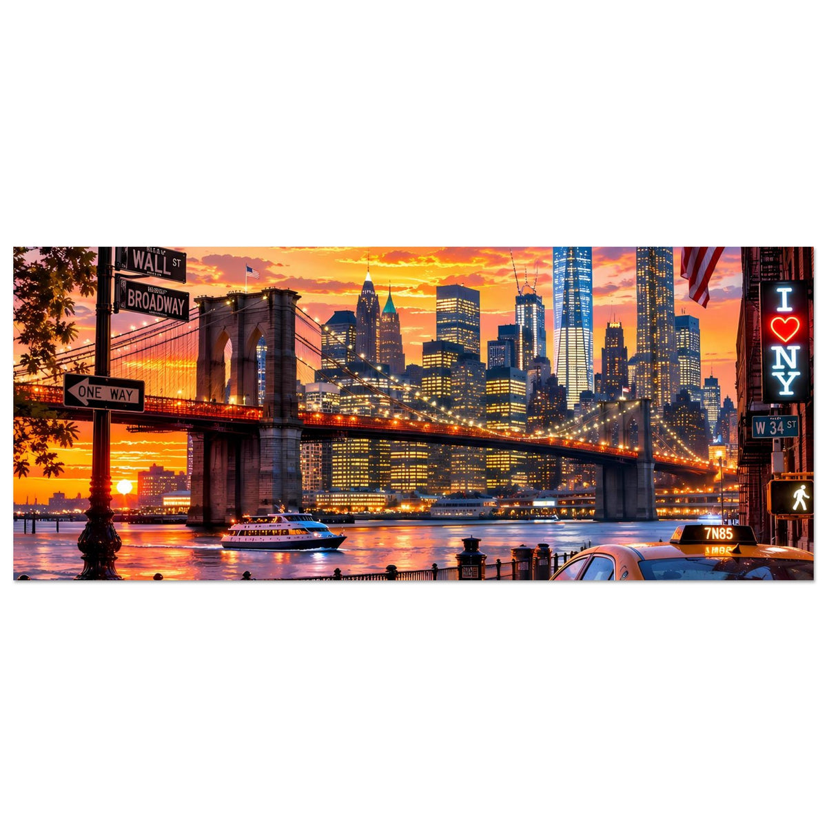 Panorama-Stadtposter im Querformat: New York bei Sonnenuntergang, gelbes Taxi, Brücke