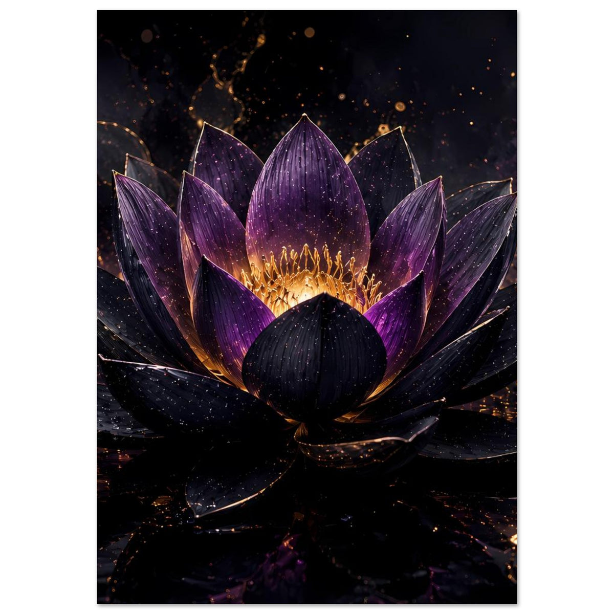 Vertikales Poster mit violetter Lotusblüte, goldener Staubfadenkrone und dunklem Hintergrund.