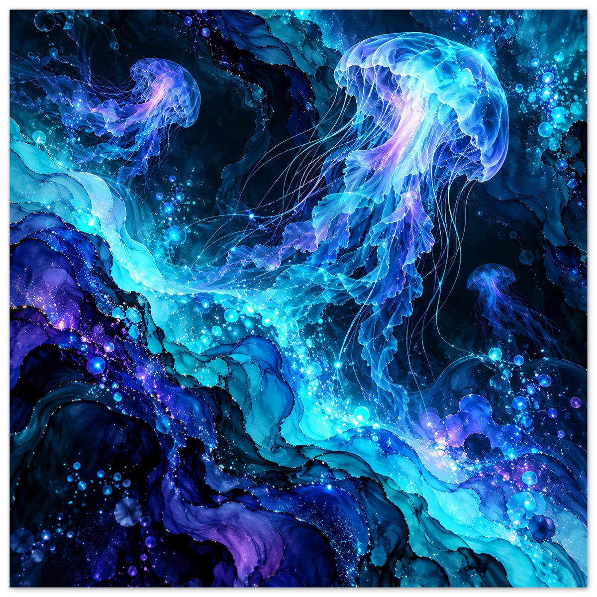 Unterwasser-Poster mit leuchtenden Quallen und glühenden Blasen, blau-violett, vollflächig