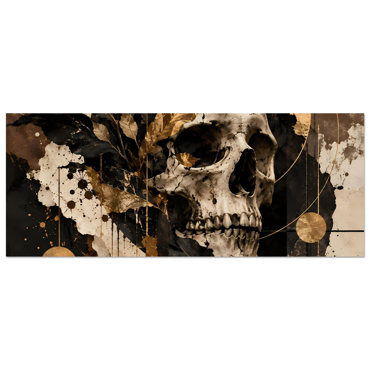 Horizontales Kunstposter: Totenschädel-Illustration in Schwarz, Beige und Gold, mit Kreisen