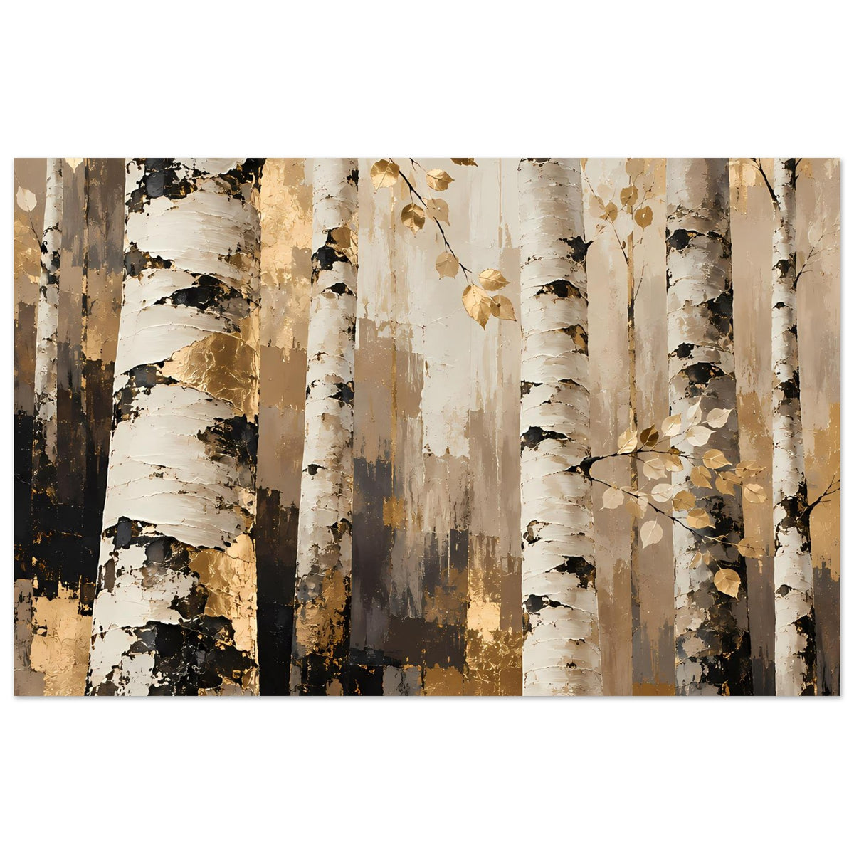 Naturposter mit Birkenstämmen und goldenen Blättern in warmen Erdtönen, rechteckig