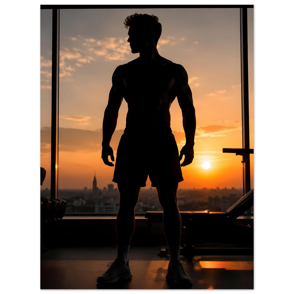 Fitness-Poster mit Sportler-Silhouette, seitlich, Beine leicht geöffnet