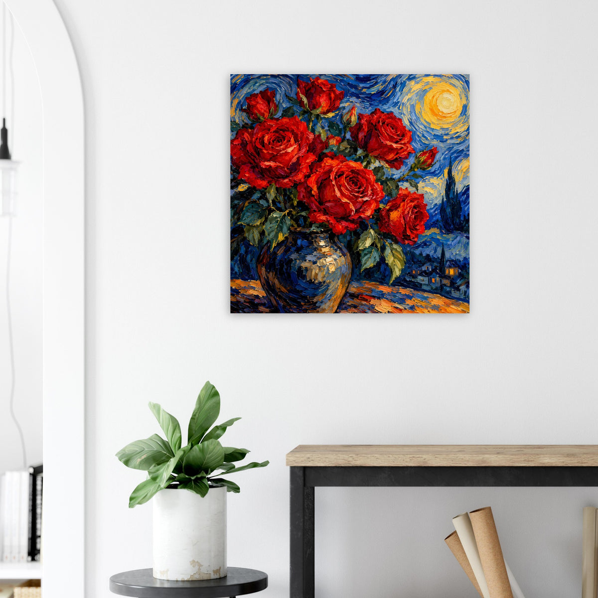 Quadratisches Poster mit roten Rosen, blauer Vase und drehendem gelb-blauem Himmel