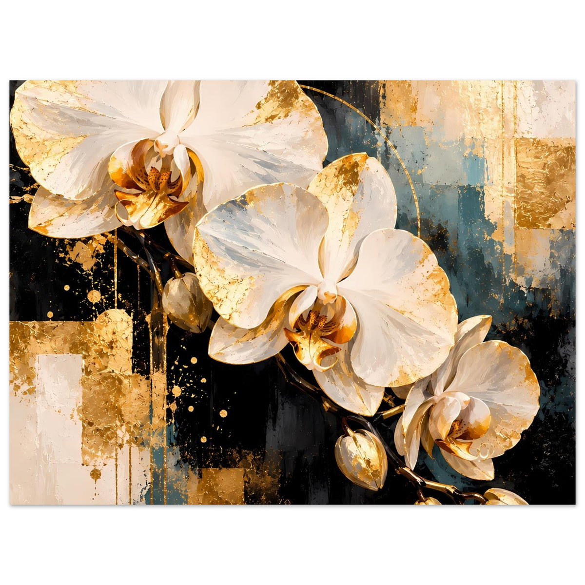Poster mit weißen Orchideen und goldenen Akzenten, blaues Muster im Ausschnitt