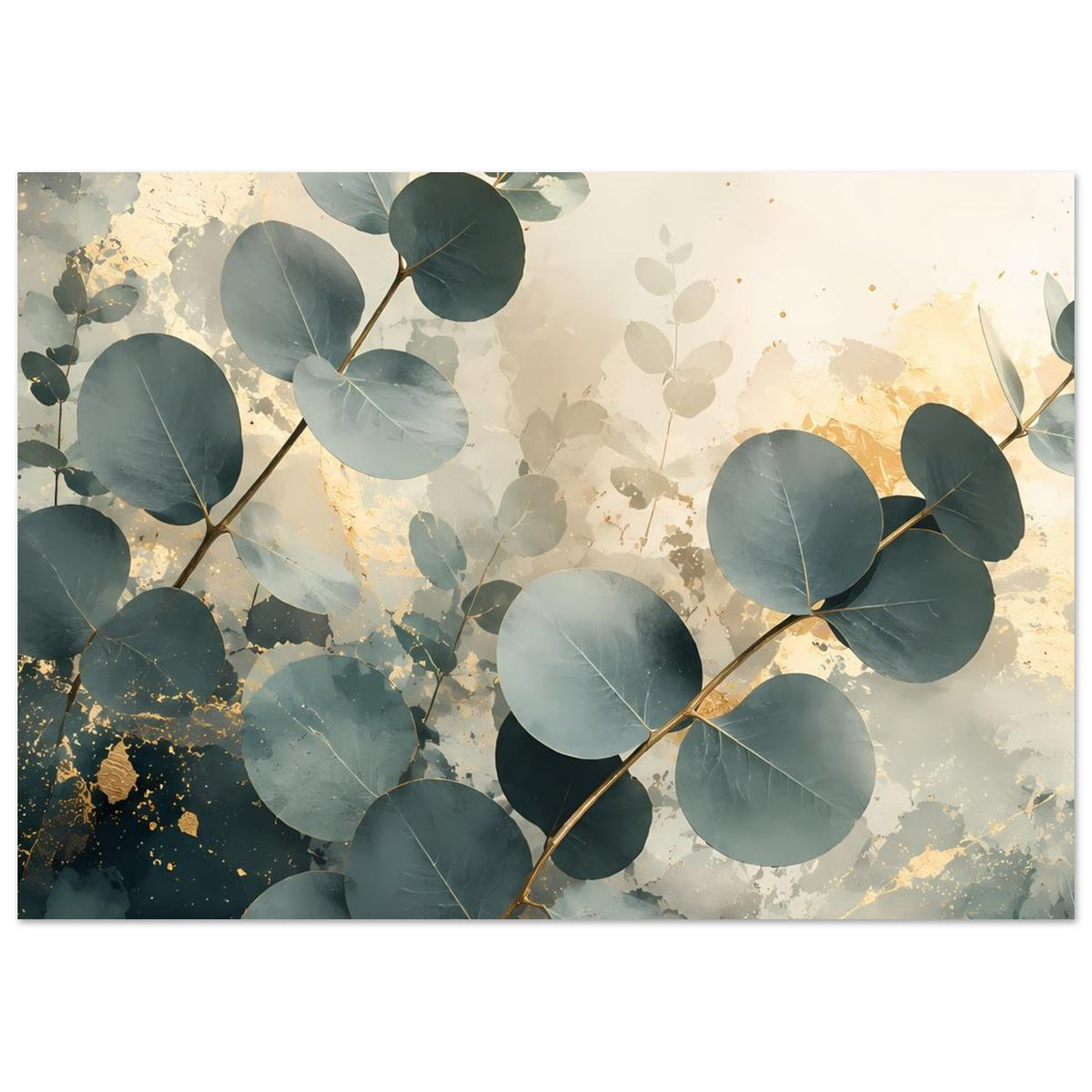 Eukalyptus-Poster im Querformat mit blaugrauen Blättern, goldenen Akzenten und Ästen