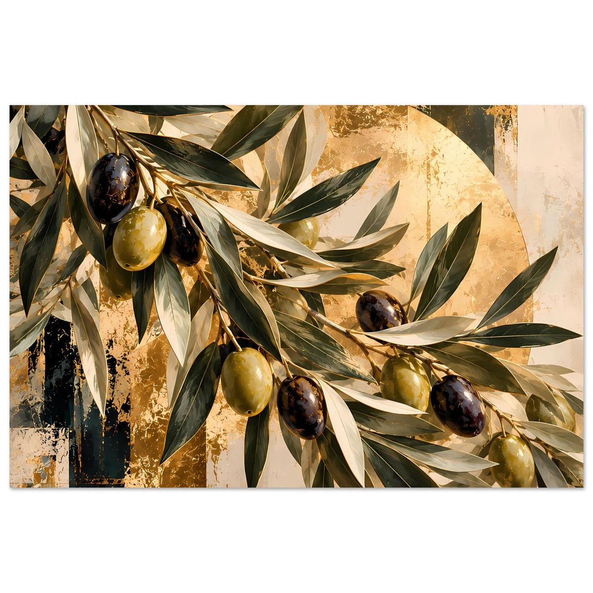 Botanisches Kunstposter: verzweigte Olivenranke mit goldenen und dunklen Oliven, helle Hintergrundfläche