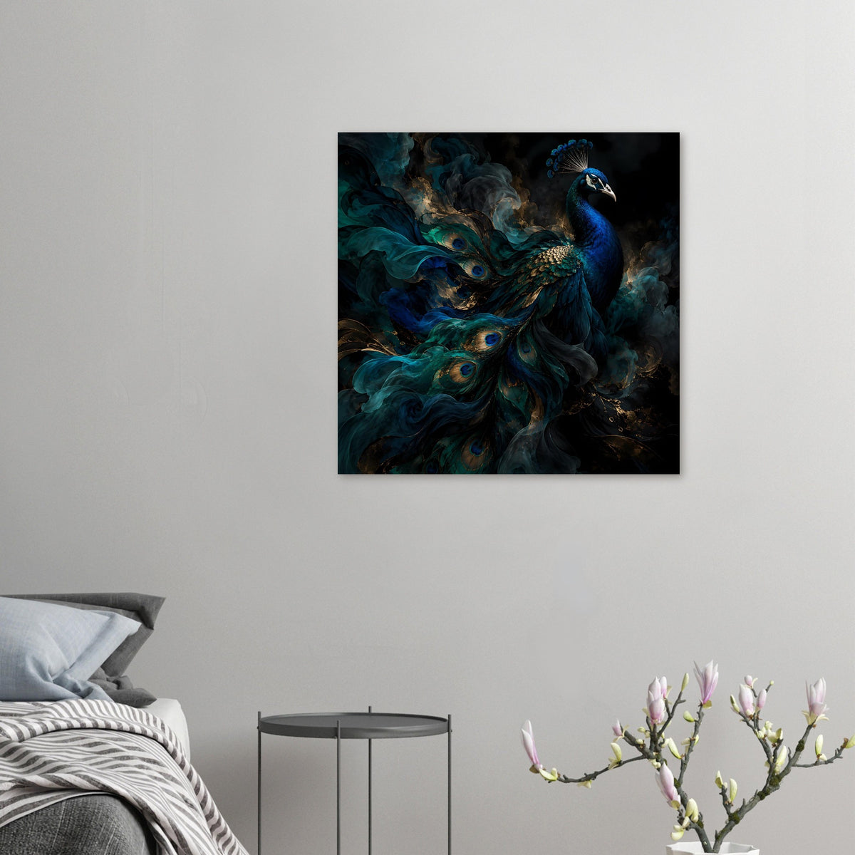 Kleines Wandposter mit Pfau-Motiv in Blau-Grün und goldenen Federaugen