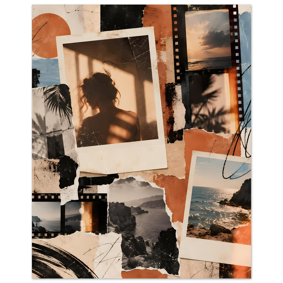Vintage Memories Collage-Poster: Filmstreifen, Polaroid-Frames und Küstenlandschaft im Vintage-Look