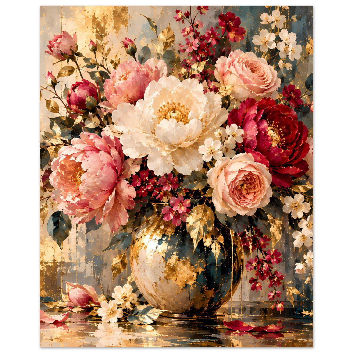 Blumenposter mit Rosenstrauß in Vase, Pastellfarben, dunkle Blätter und goldene Highlights