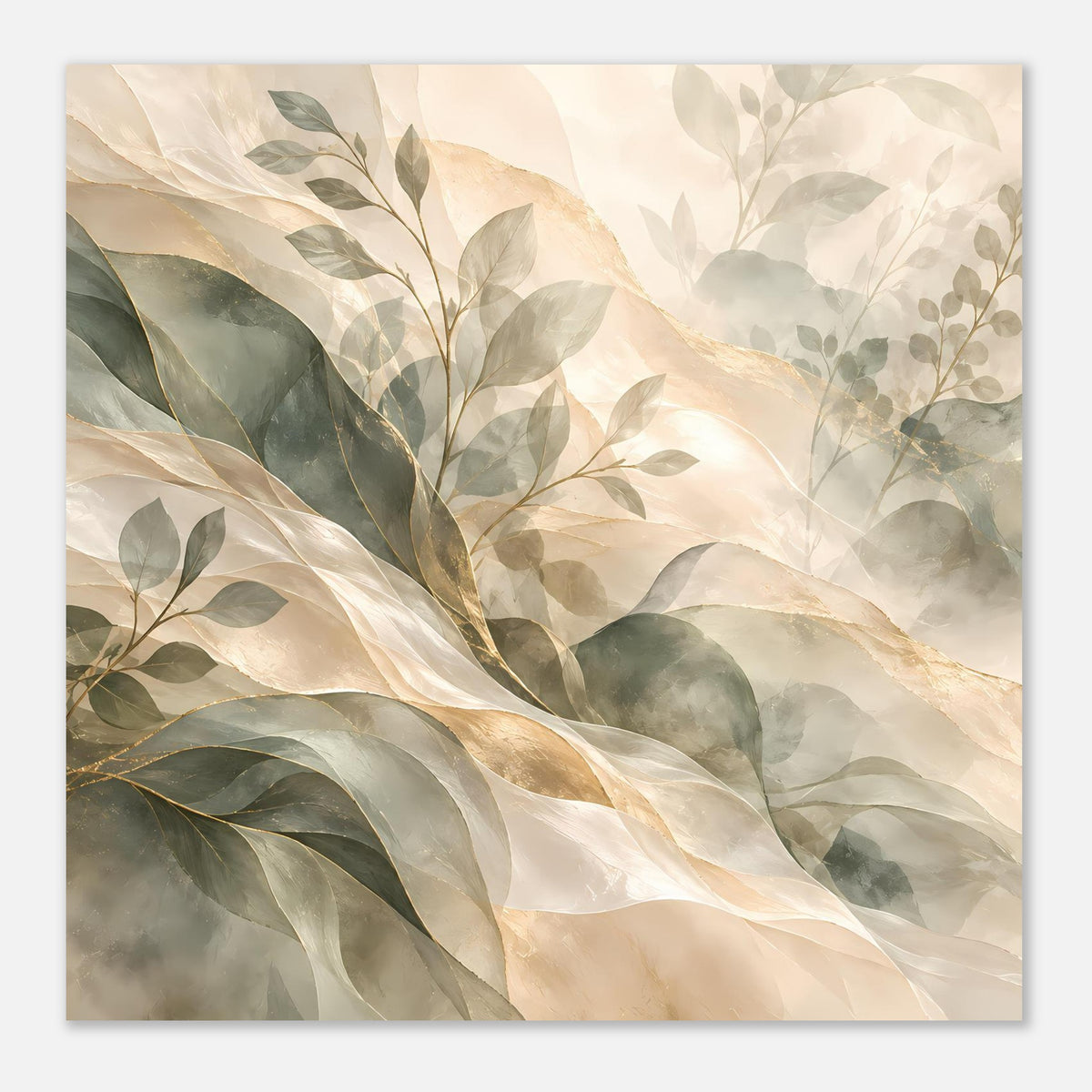 Botanisches Kunstposter mit zarten Blättern und Goldakzenten in Creme- und Salbeitönen