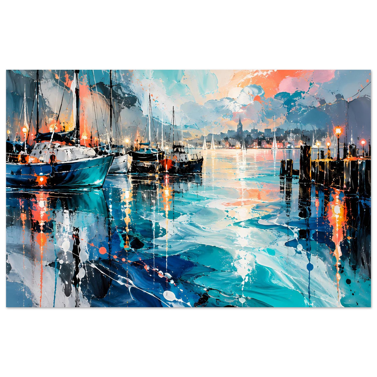 Breites Poster Hafenblick: Segelboote links, reflektierendes Wasser und Farbkleckse