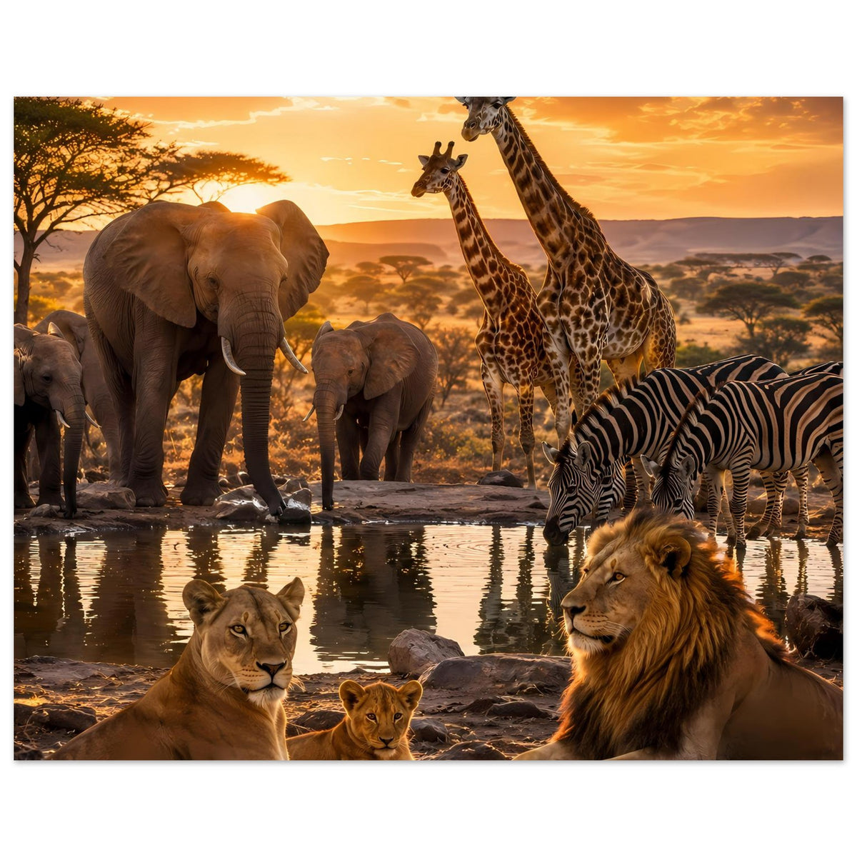 Safari-Tierposter mit Löwen im Vordergrund, Elefanten, Giraffen und Zebras