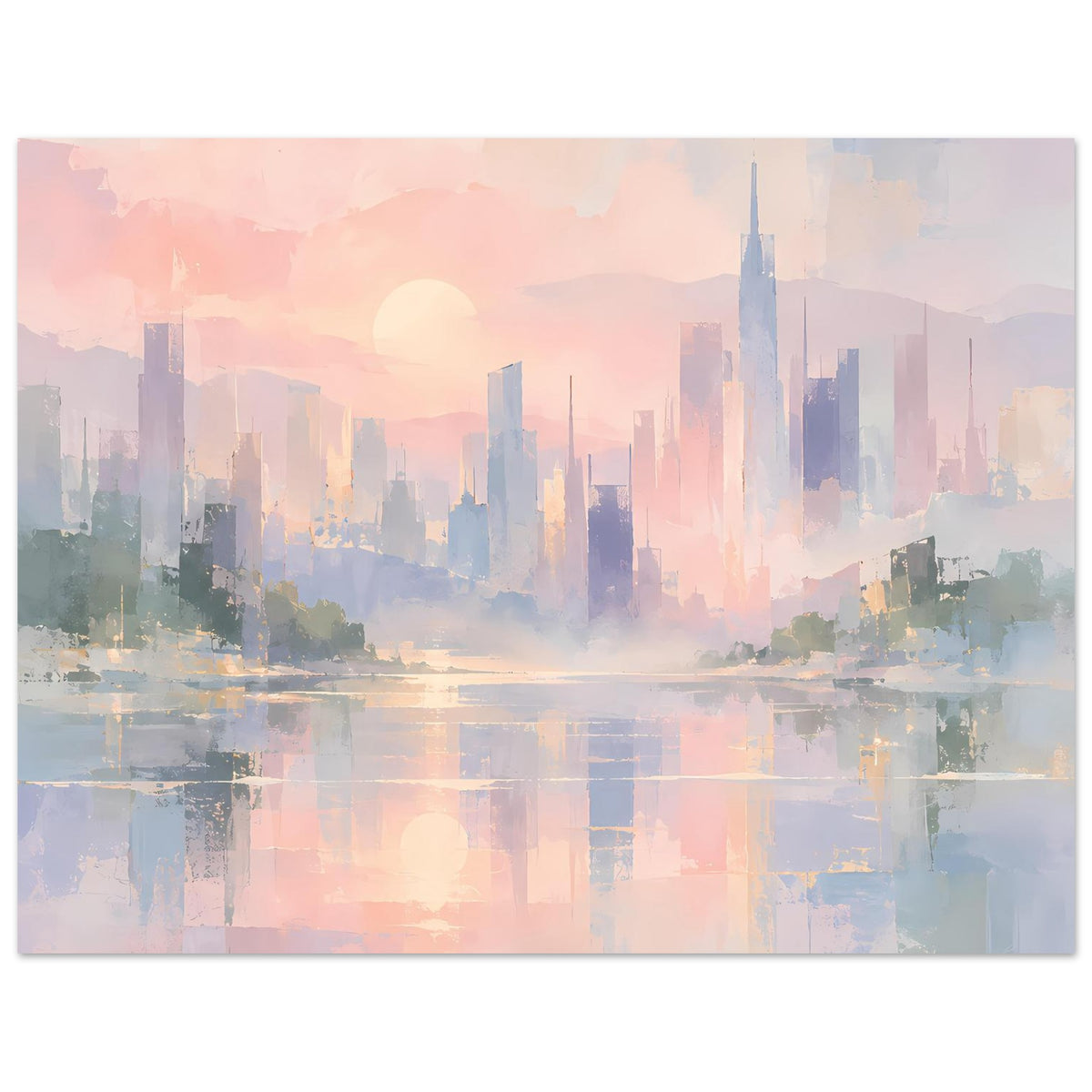 Abstraktes Poster mit Skyline und Reflexionen, Pastellrosa und Blau, Querformat