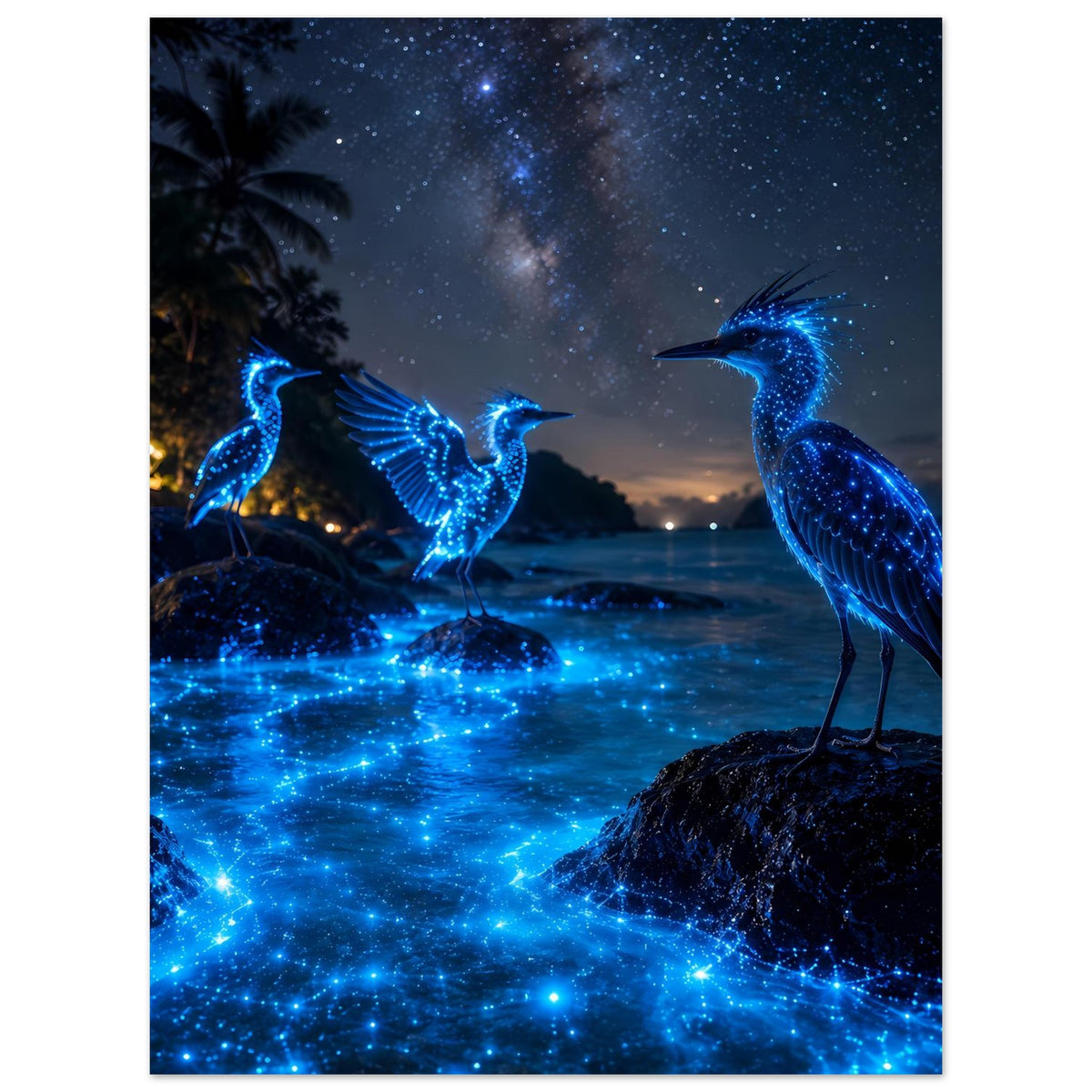 Poster mit drei blau leuchtenden Nachtvögeln auf Felsen vor Sternenhimmel