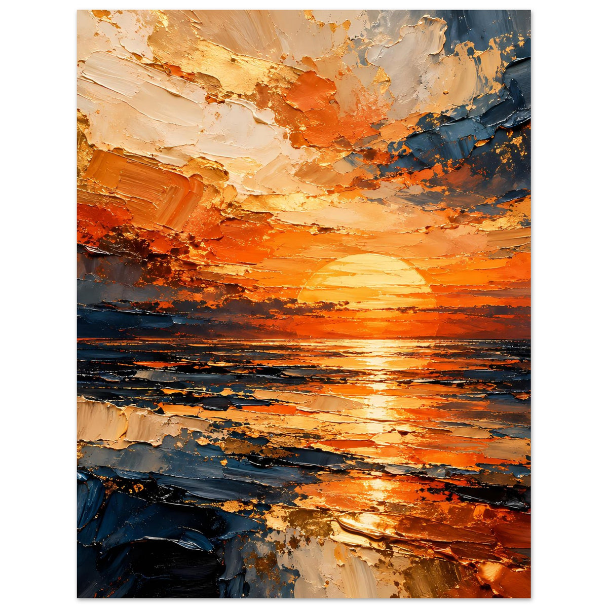Poster im Hochformat: abstrakte Küste mit goldenem Sonnenstreifen, orange und dunkelblau