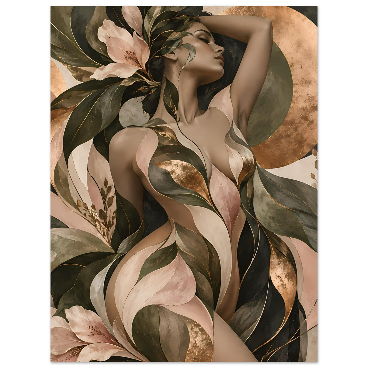 Poster mit Frauenakt im Profil und erhobenem Arm, umrahmt von Blättern und Blüten
