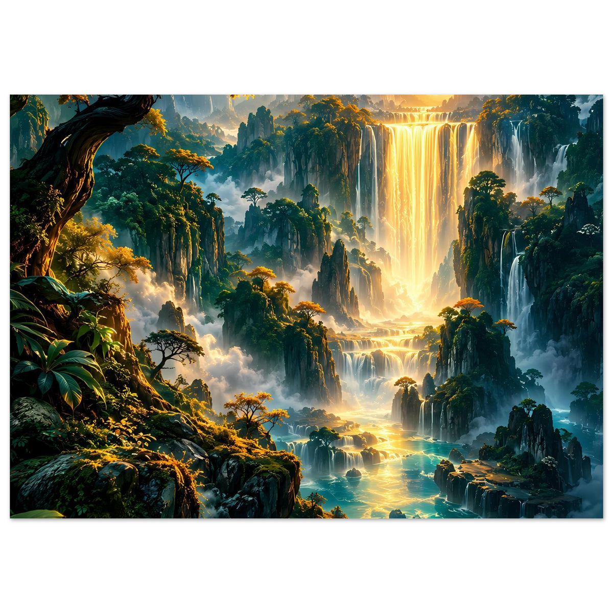 Fantasy-Landschaftsposter mit großem Wasserfall, Nebel über Fluss und warmem Sonnenuntergangslicht.