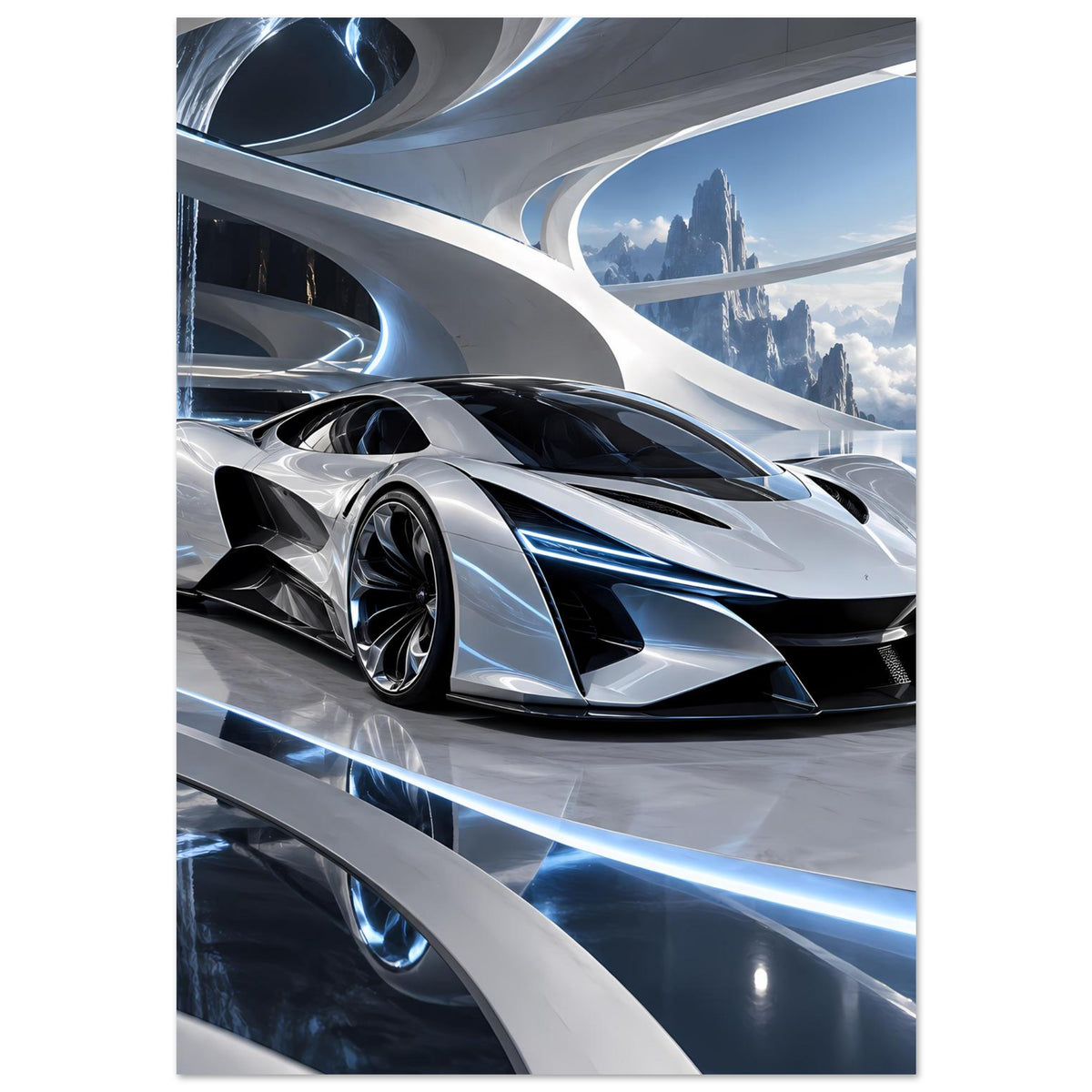 Futuristisches Auto-Poster mit silbernem Supersportwagen und dunklem Frontgrill