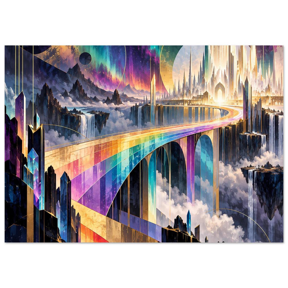 Poster mit Regenbogenbrücke in Fantasielandschaft, leuchtender Bogen über Wolken und Türmen