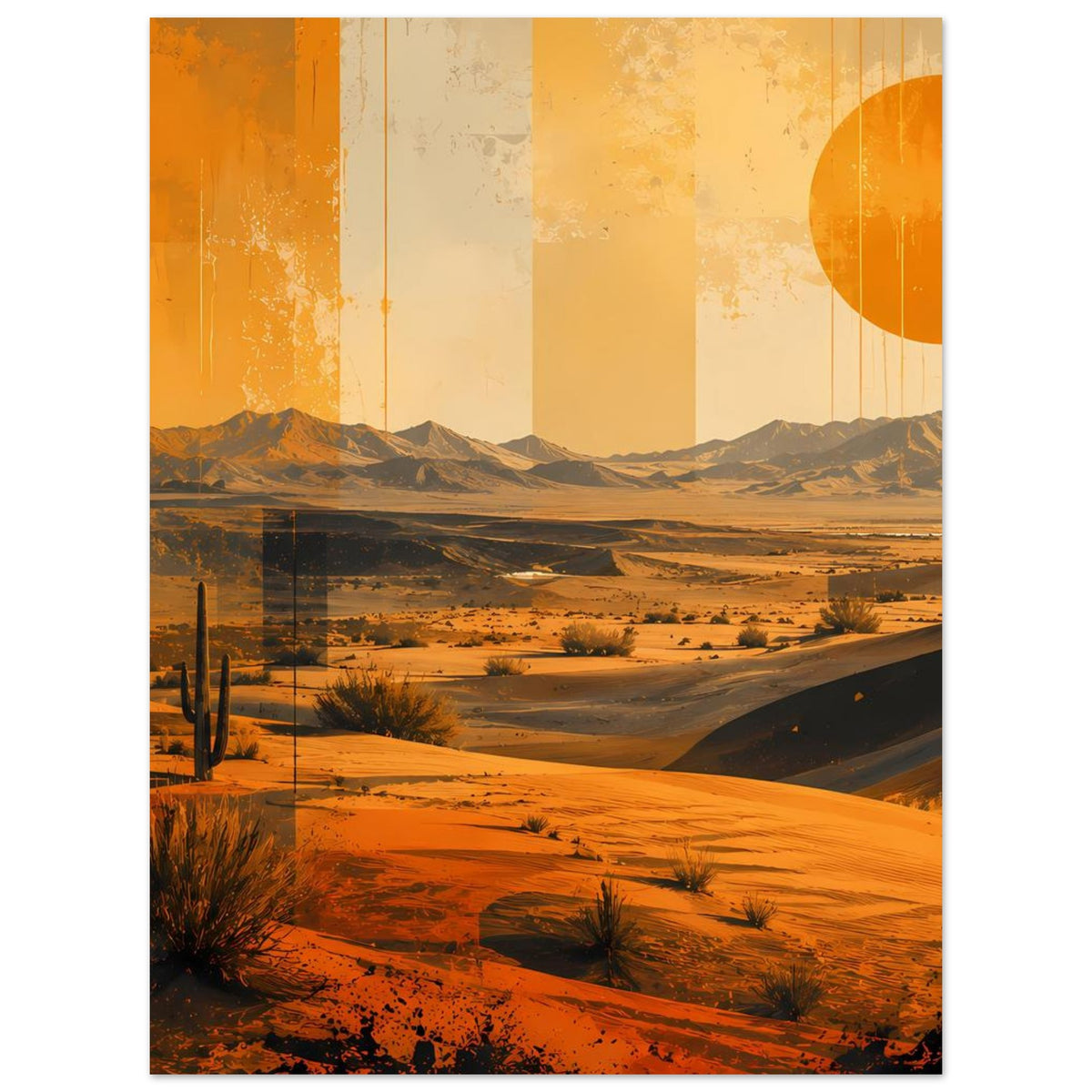 Vertikales Wüsten-Retroposter mit orangefarbener Sonne, Kakteen und Dünen