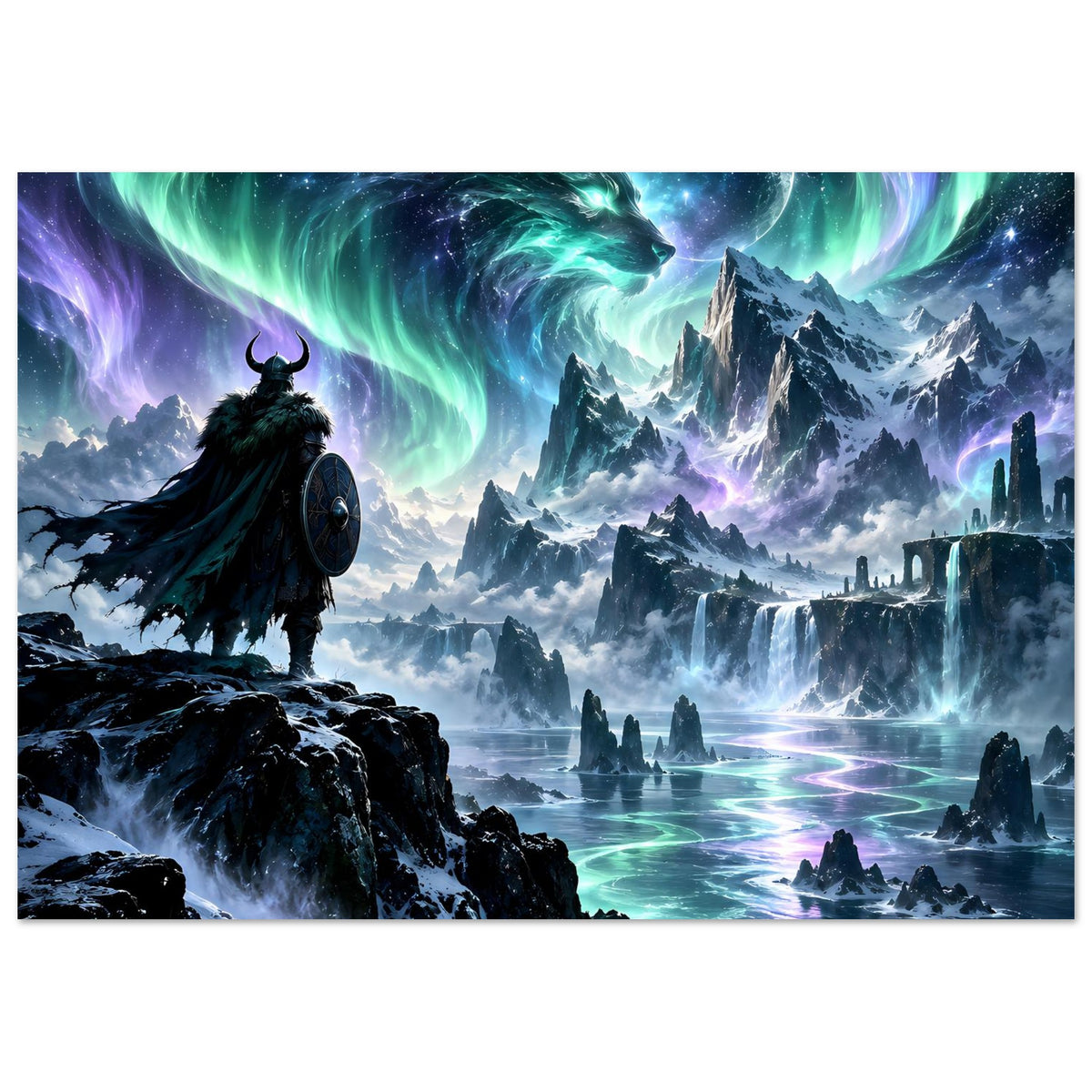 Fantasy-Poster: Drachenkopf über verschneiter Fantasy-Landschaft mit Wasserflächen und Ruinen