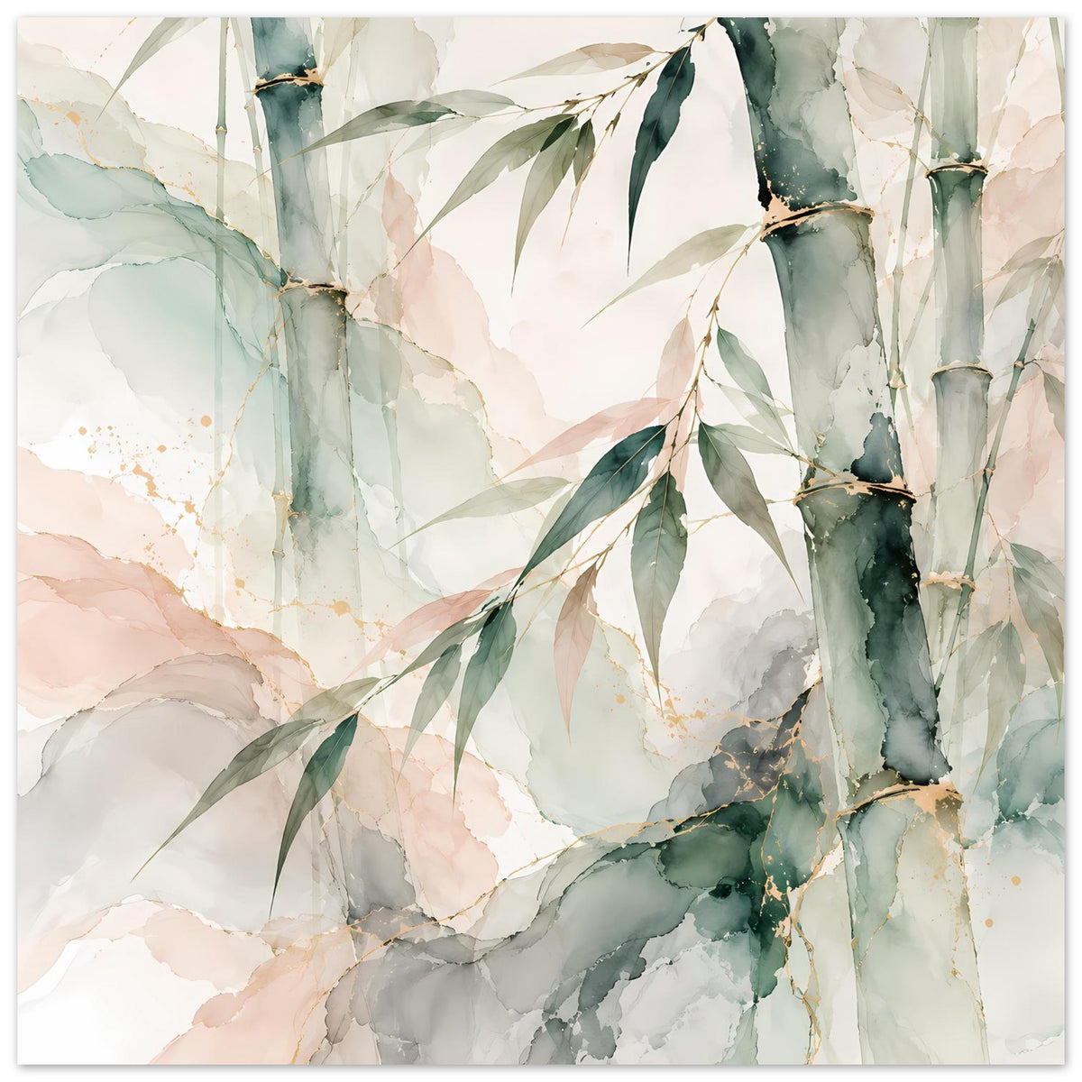Querformat-Poster mit Bambus-Aquarell, Blätterzweig und Stämme in sanftem Grün, Creme und Rosa.