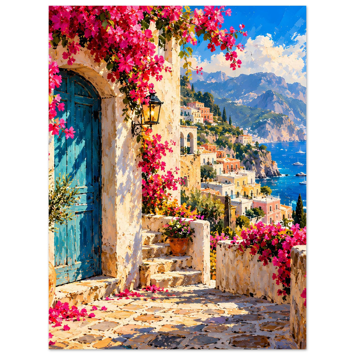 Poster mit blauer Tür, Treppenstufen, pinken Blüten und Meerblick mit Segelbooten